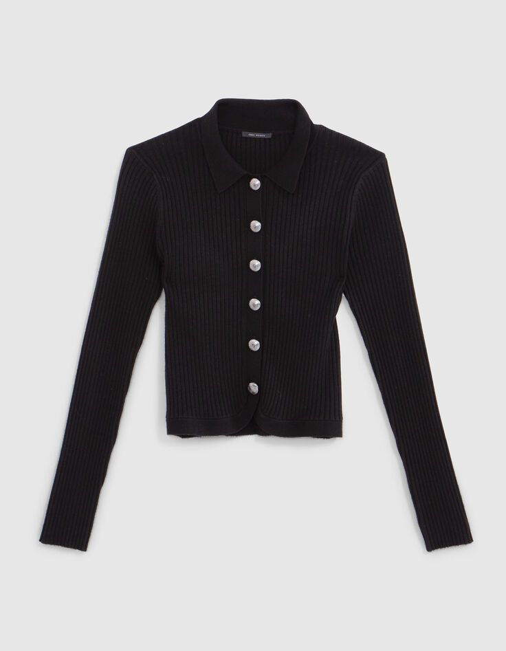 Schwarze gerippte Strickjacke mit Knopfleiste f&uuml;r Damen-7