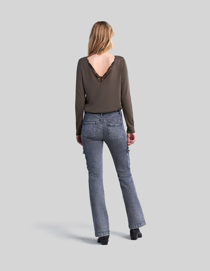 Khaki Damenpulli mit Ausschnitt vorne und Spitze im Rücken - IKKS