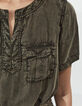 Khaki Damenkleid, Tunikakragen, Perlen, Gürtel-2