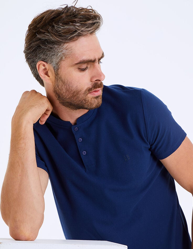 Polo indigo en coton relief&eacute; Homme-1
