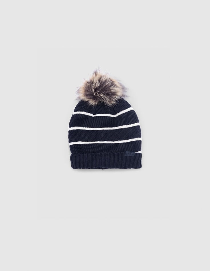 Bonnet marine tricot fourré rayures garçon-1