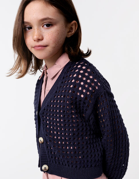 Marineblaue Mädchenstrickjacke, Biobaumwolle, Lochmuster - IKKS