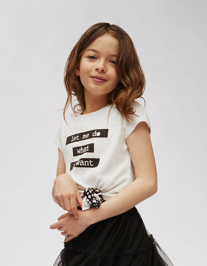 Girls’ off-white T-shirt with scrunchie and slogan - IKKS