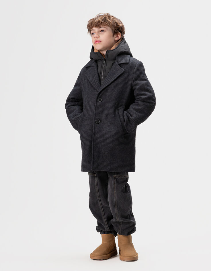 Boys’ navy check coat with hooded facing-1
