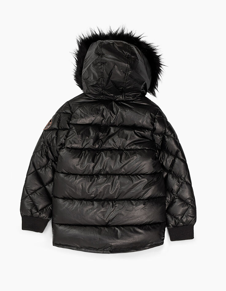 Girls’ black coated padded jacket with fur hood -3
