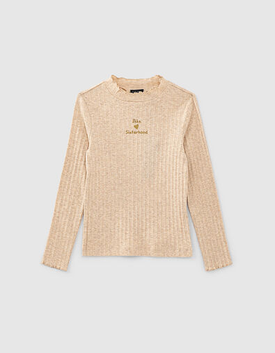 Girls’ sand marl ribbed funnel-neck T-shirt - IKKS