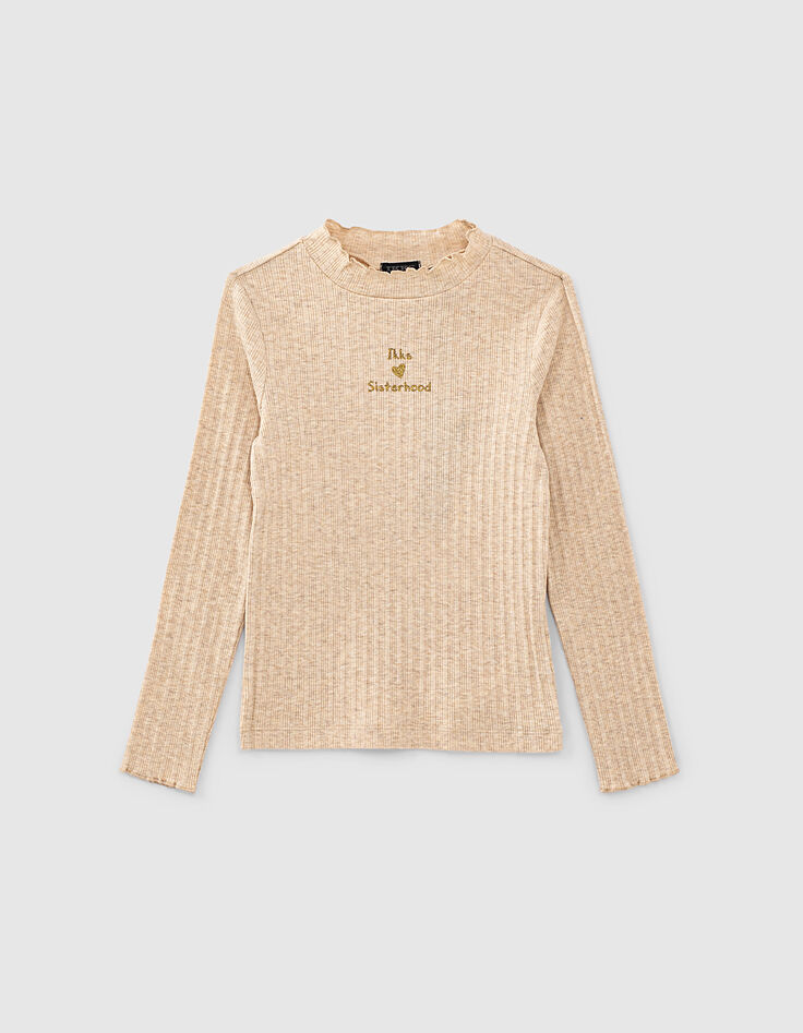 Girls’ sand marl ribbed funnel-neck T-shirt-1