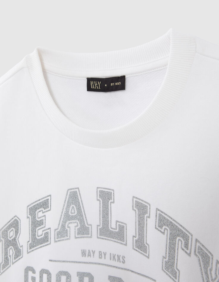 Girls' off-white sweatshirt with silver glitter slogan-7