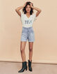 Blaue Bleached Damenjeansbermudas mit Steppnaht vorne-7