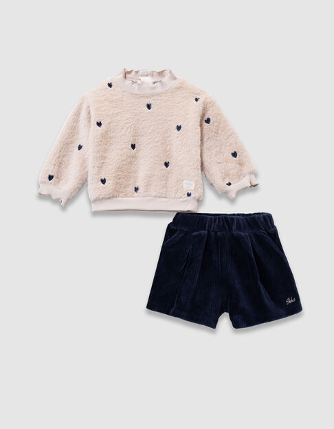 Baby girls’ beige sweatshirt and velvet shorts outfit - IKKS
