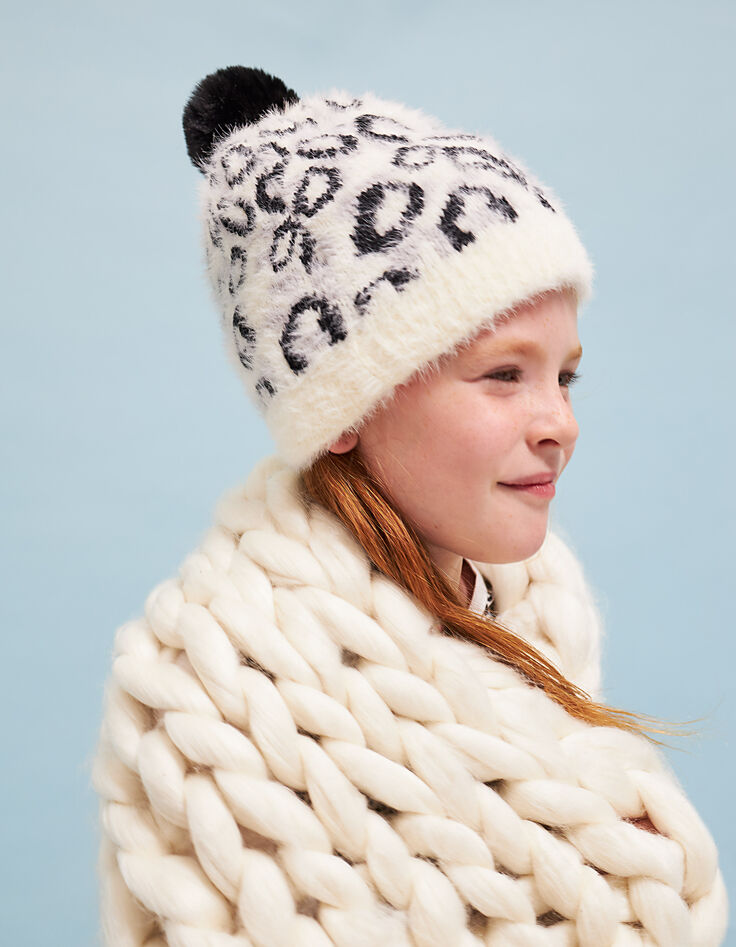 Girls’ off-white, black and grey leopard beanie-1
