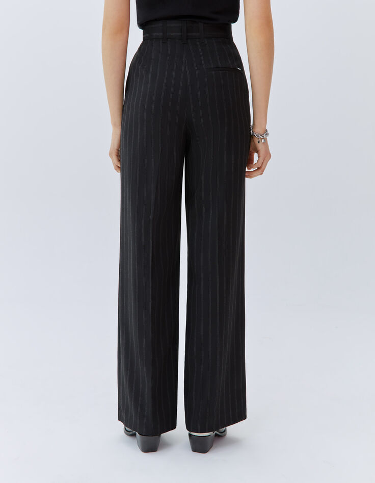 Women’s black high-waist wide-leg pinstripe trousers-3