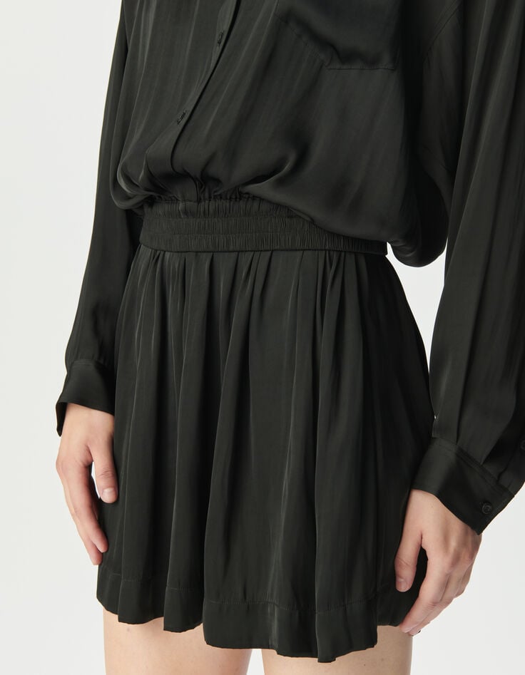 Vestido camisero negro satinado trampantojo mujer-5