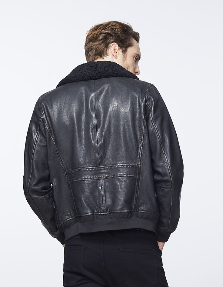 Men’s black Sherpa collar leather jacket-3