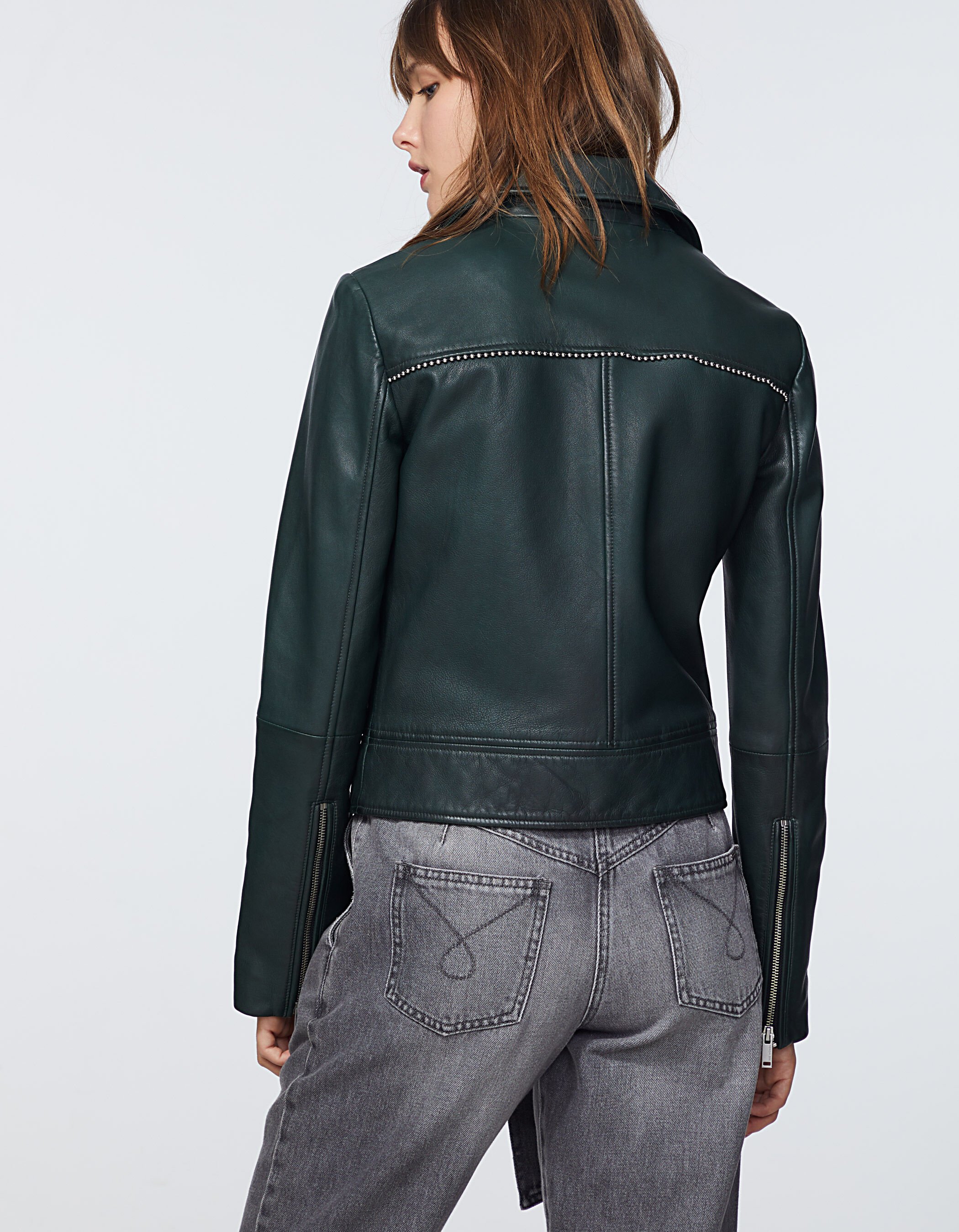 Leather jacket with zippers cheap on sleeves