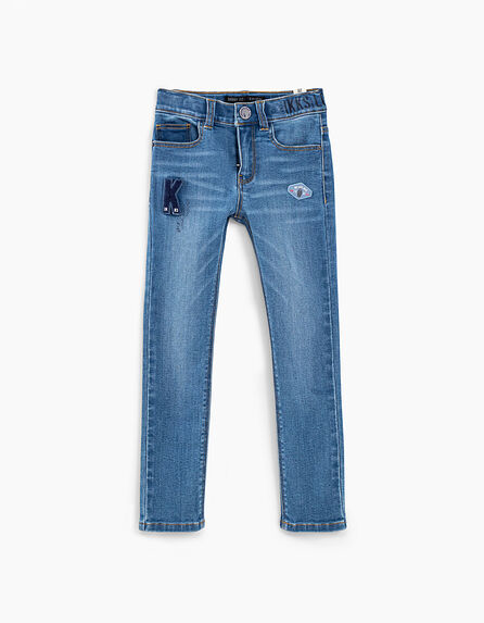 Boys’ medium blue recycled skinny jeans with patches