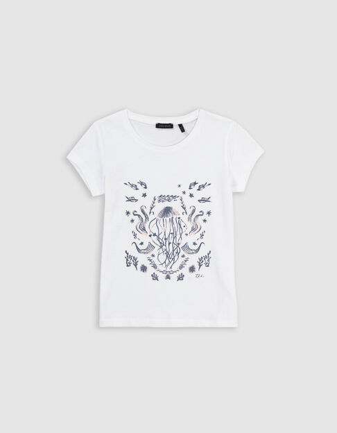T-shirt blanc coton bio décor aquatique pailleté fille - IKKS