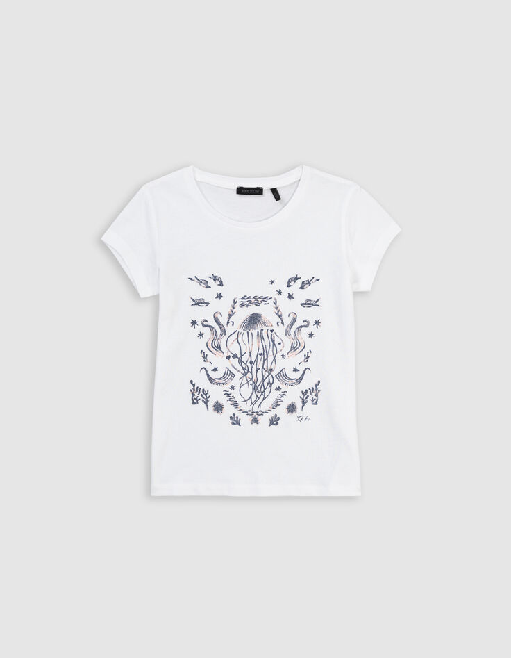 Camiseta blanca algodón diseño acuático purpurina niña-1