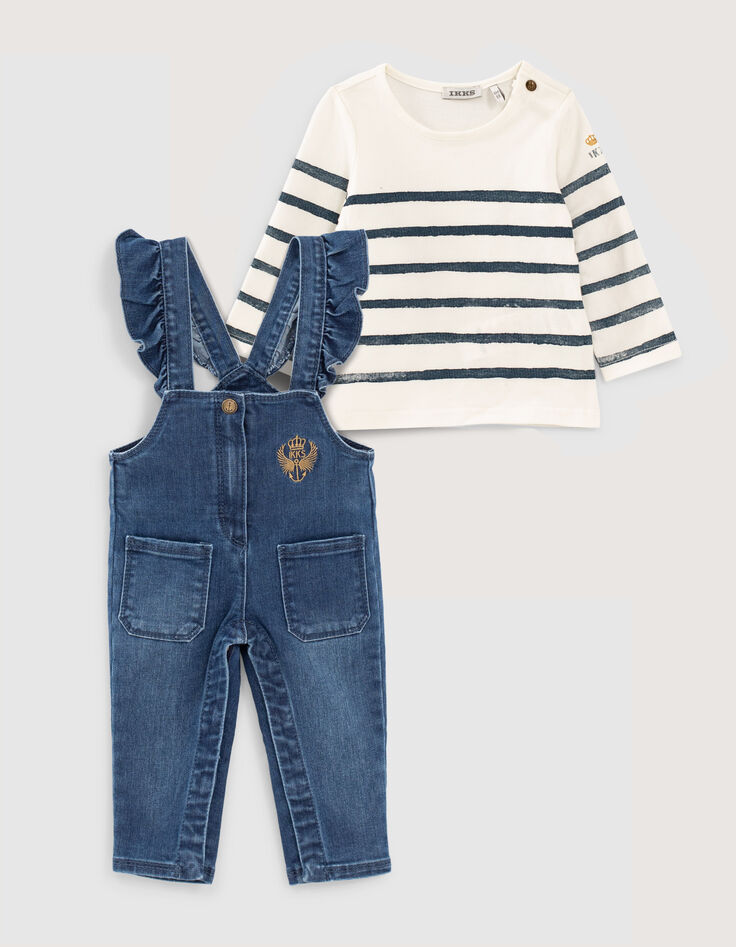 Girls’ raw dungarees & sailor stripe T-shirt outfit-1