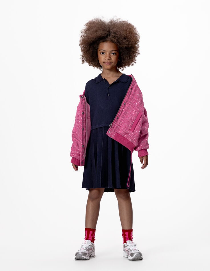 Girls’ navy knit pleated long-sleeved dress-2