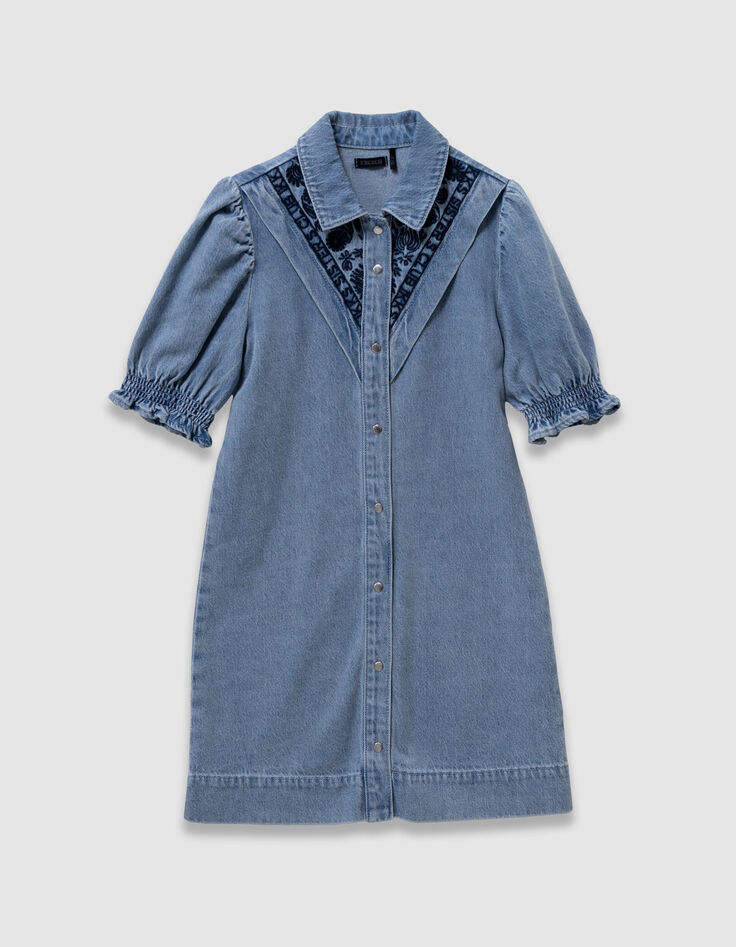 Blauwe denim jurk met borduurwerk voor meisjes-1