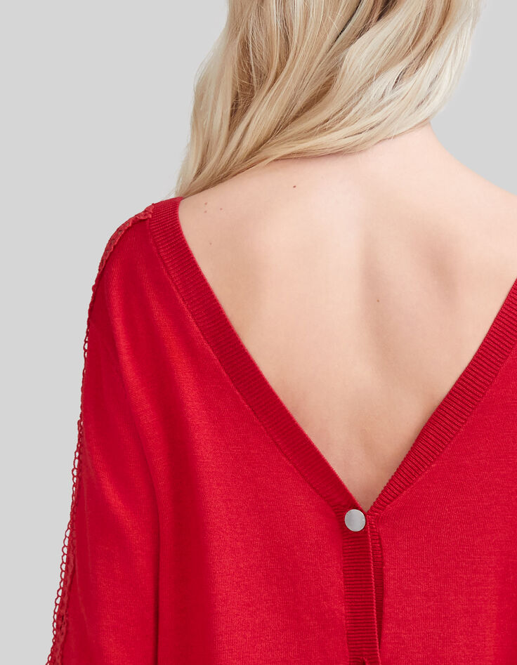 Women’s red knit cardigan with guipure lace sleeves-3