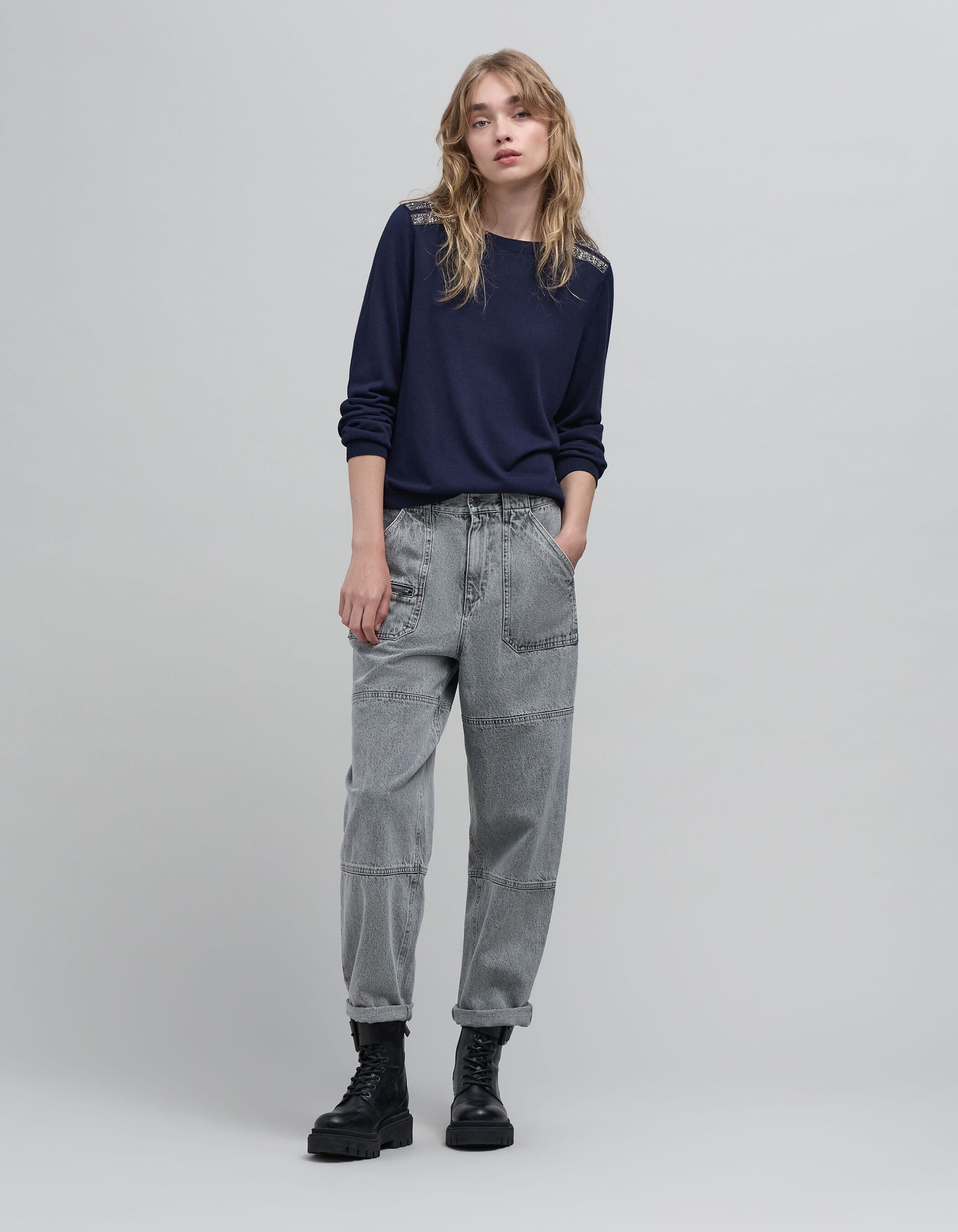Pull marine tricot decor broderies perles Femme IKKS