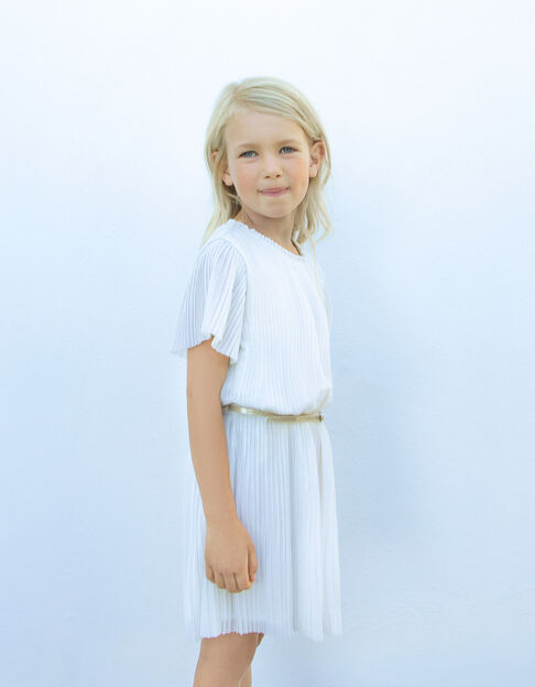Girls’ white glittery pleated dress with gold waistband