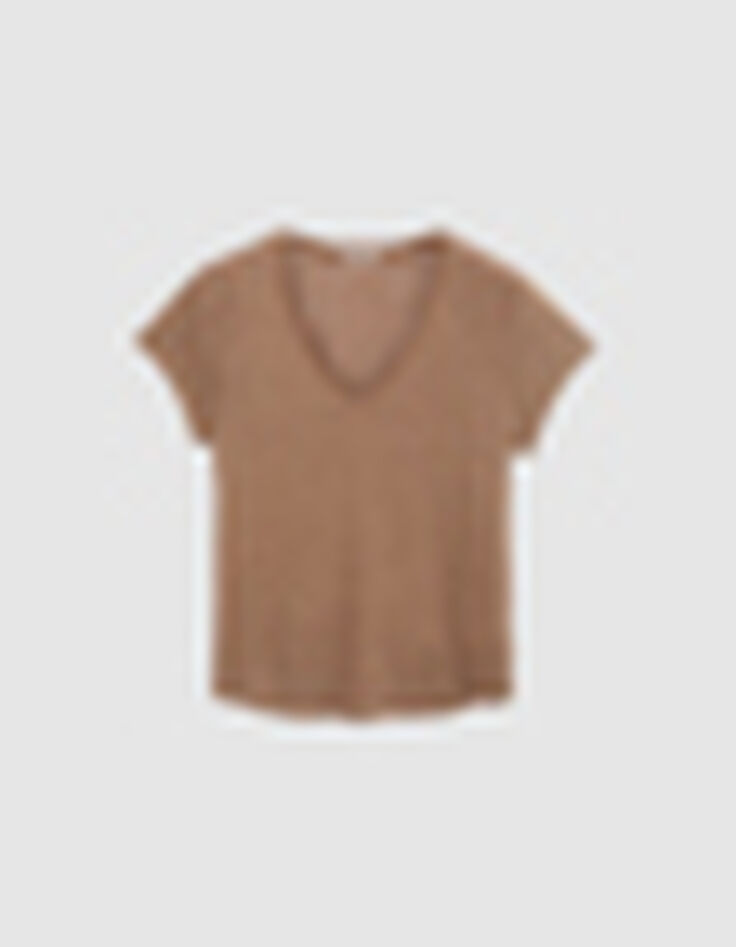 Tee-shirt col V camel en lin foil femme-5