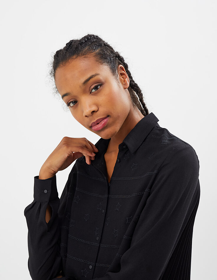 I.Code black embroidered star and pleated back shirt-4