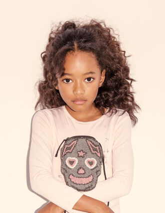 Girls’ silver bead-embroidered skull bag