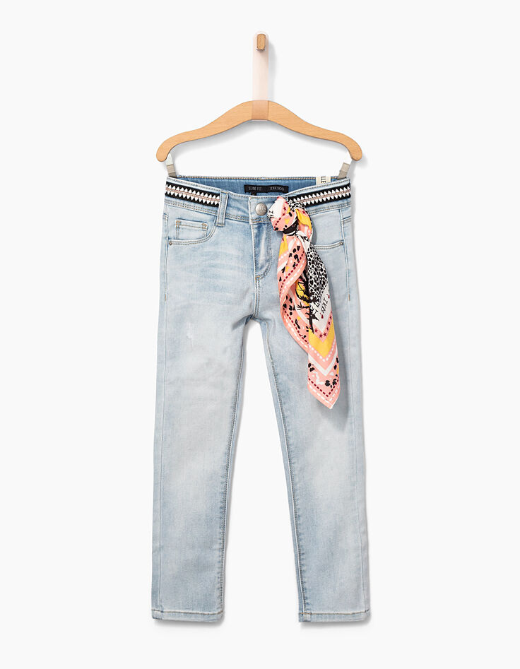 Girls’ white blue slim 7/8 jeans, braided belt -2