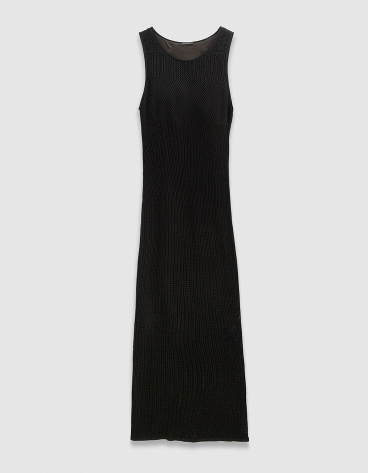 Women’s black openwork knit midi-length tube dress-6