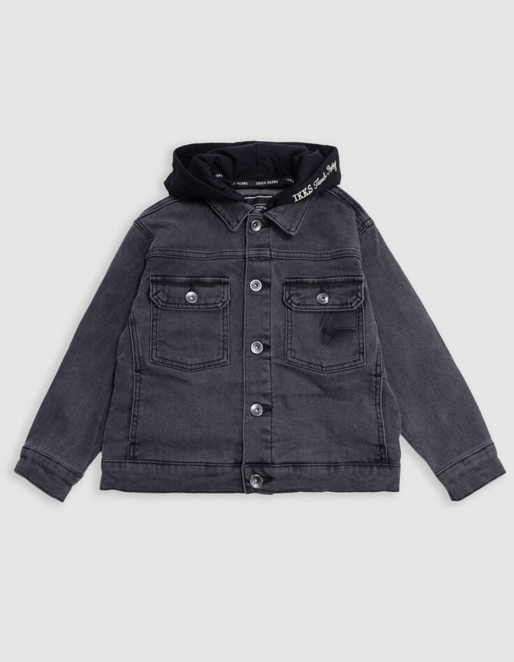 Veste en jean gris délavé capuche amovible garçon-1