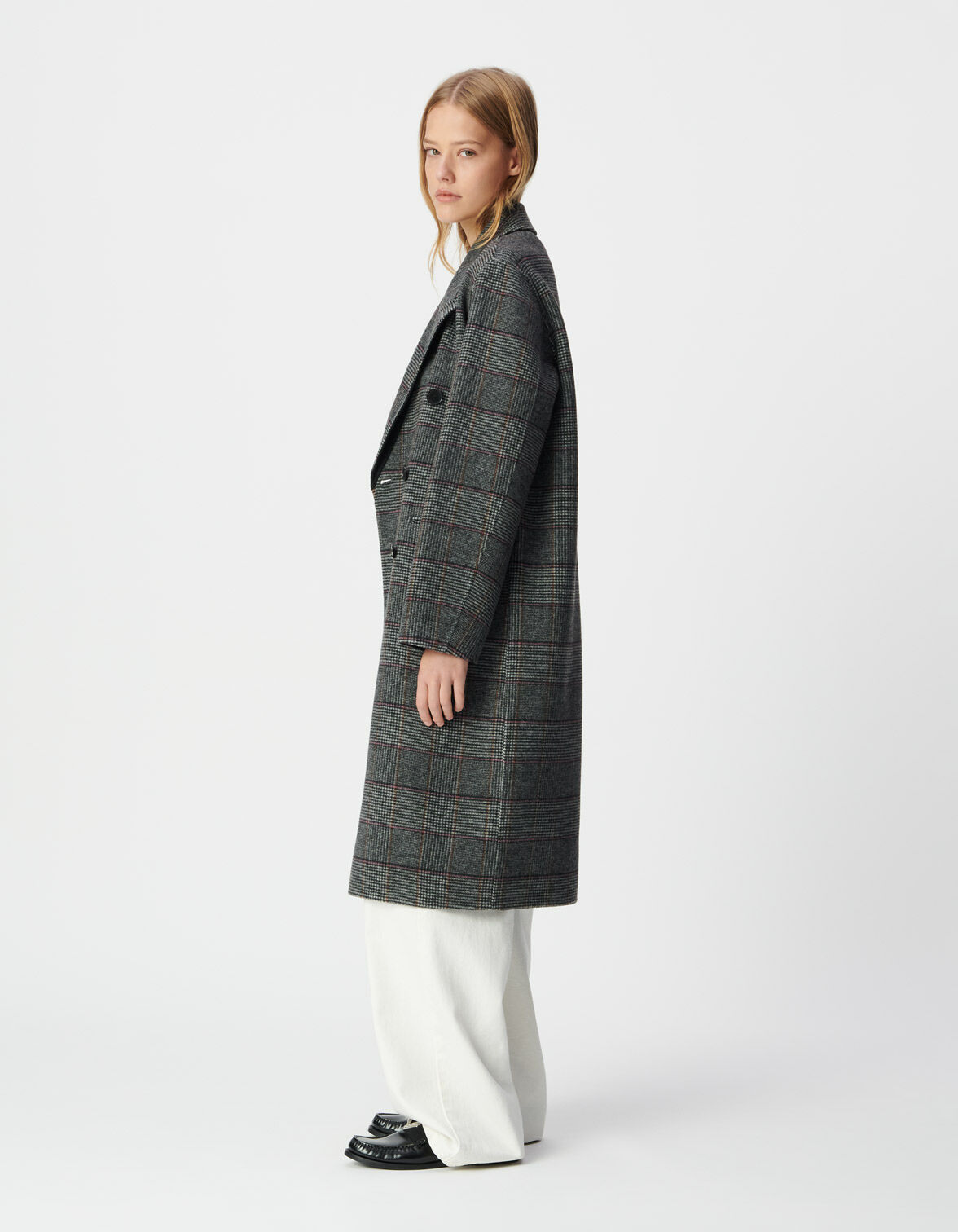 Women's grey check double-breasted long coat