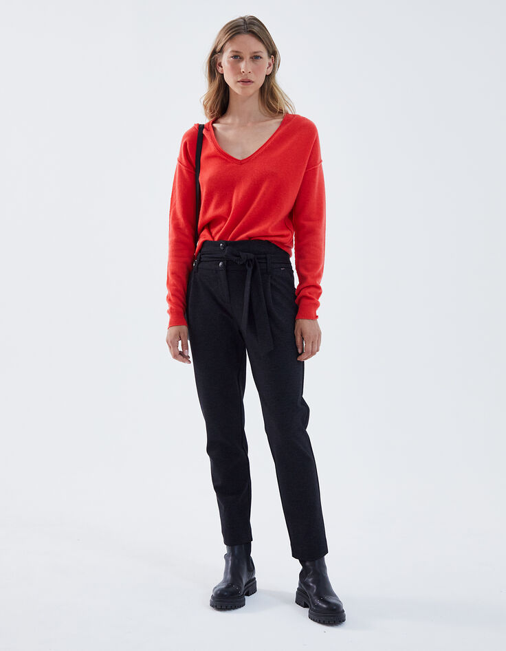 Women's orange-red pure cashmere V-neck sweater-6