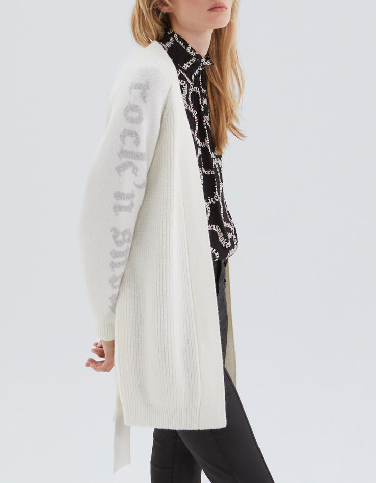 Women’s ecru knit belted cardigan with slogans on sleeves-3