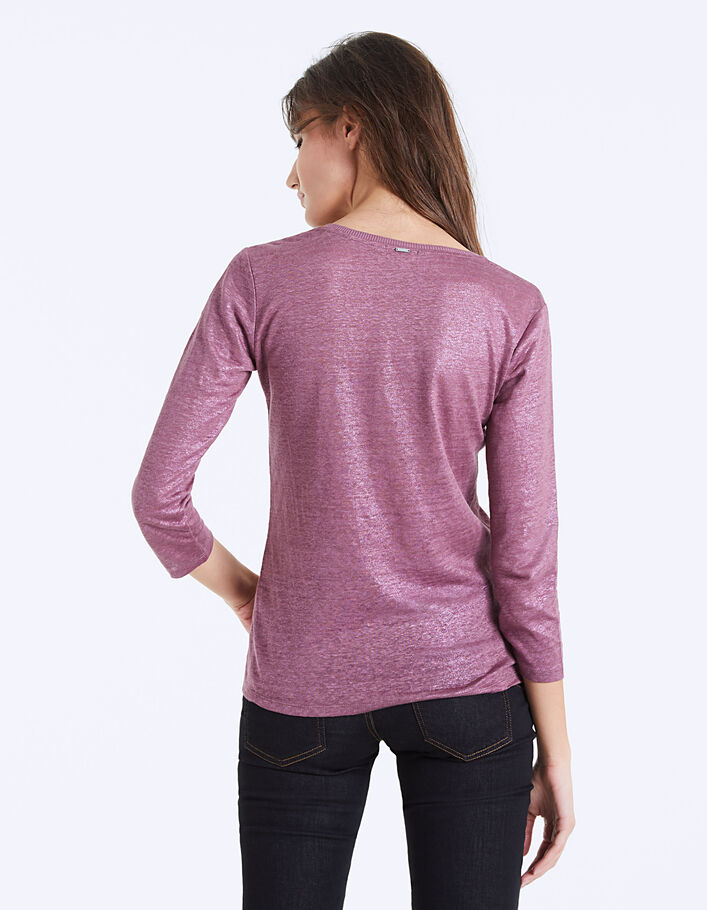 Women's mauve foil linen flowing V-neck T-shirt - IKKS