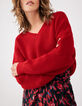 Pull rouge encolure V tricot fantaisie Femme-1