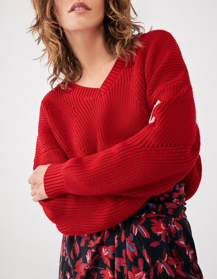 Pull rouge encolure V tricot fantaisie Femme-1
