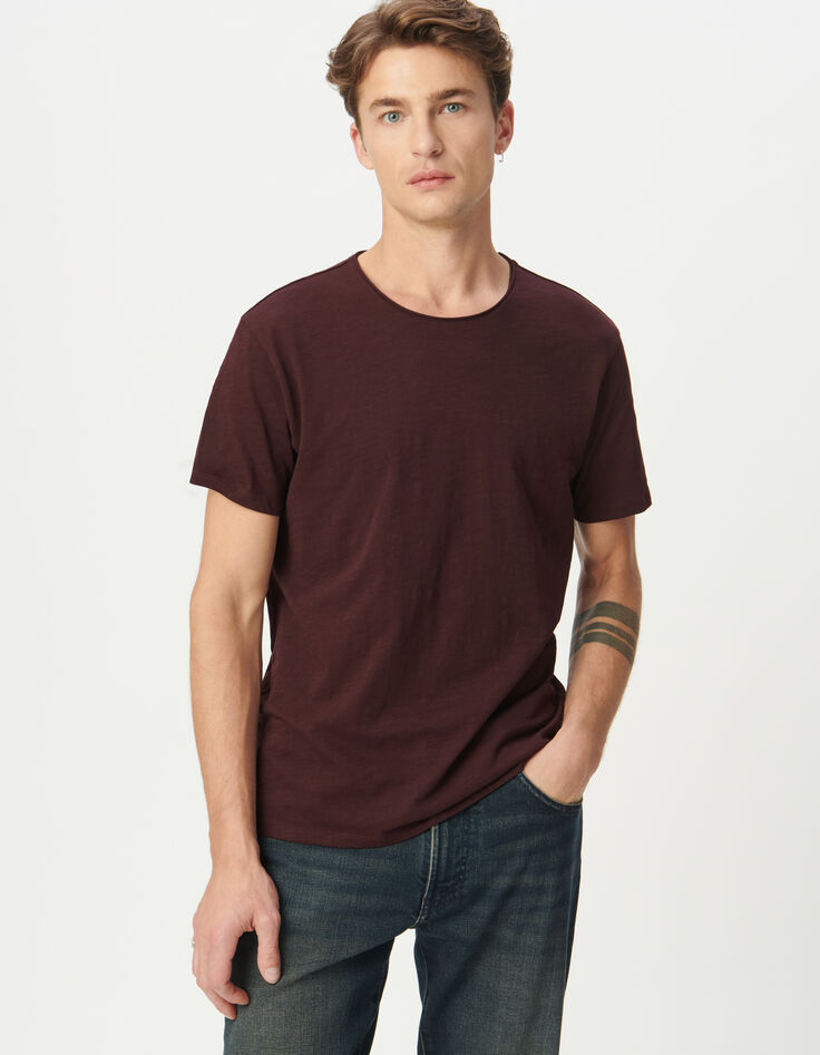 Pflaumenbraunes Herren-T-Shirt geflammte Biowolle Rundhals-2