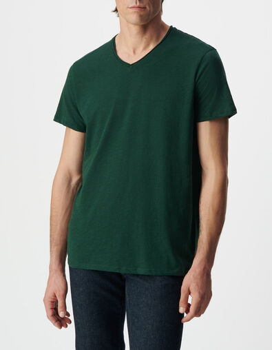 Camiseta cuello V verde algod&oacute;n flameado hombre - IKKS