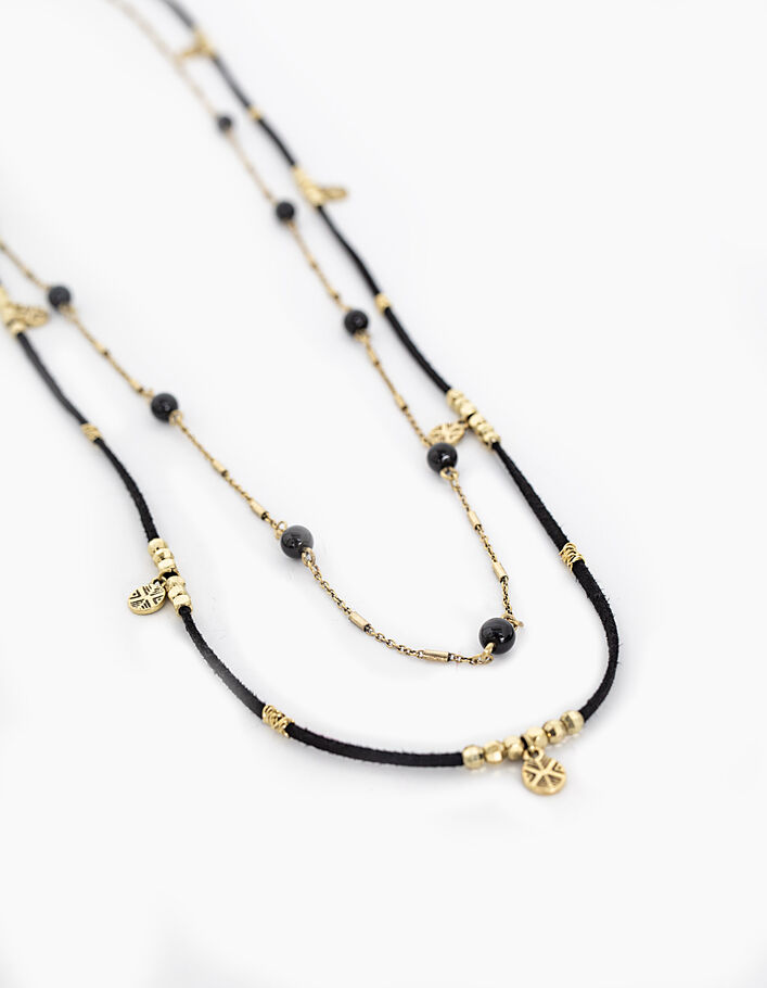 Women’s black leather/gold metal chain long necklaces - IKKS
