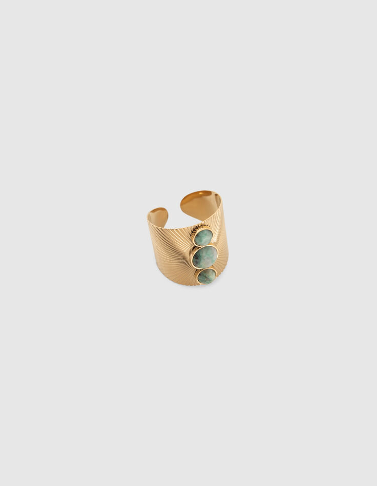 Brede goudkleurige ring met 3 Afrikaans turkoois parels-3