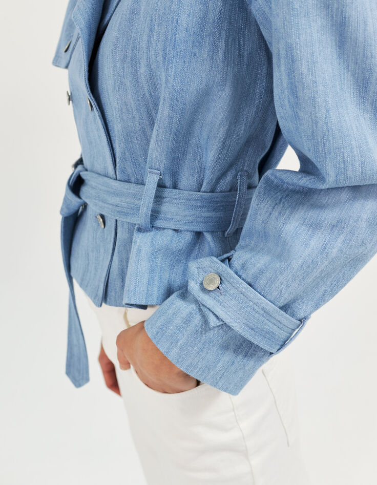 Women’s light blue denim short trench coat-4