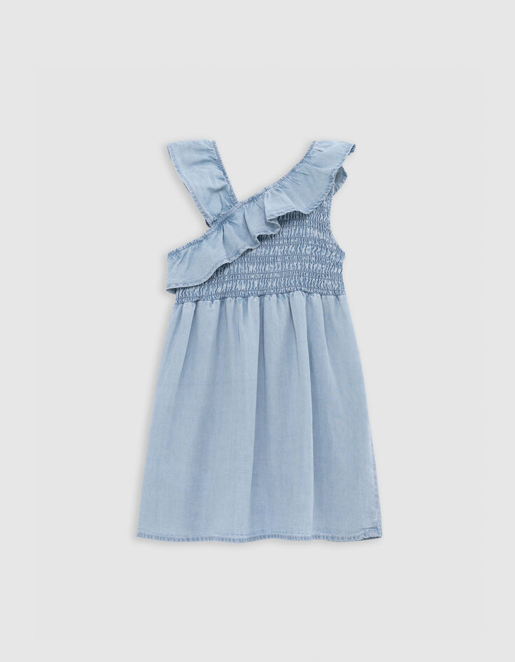 Robe en jean bleue smockée bretelle asymétrique fille-5