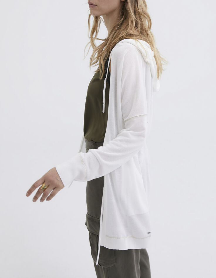 Cardigan mi-long écru tricot à capuche Femme-2