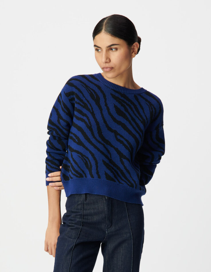 Blauer Damen-Croppedstrickpulli Zebramuster-3