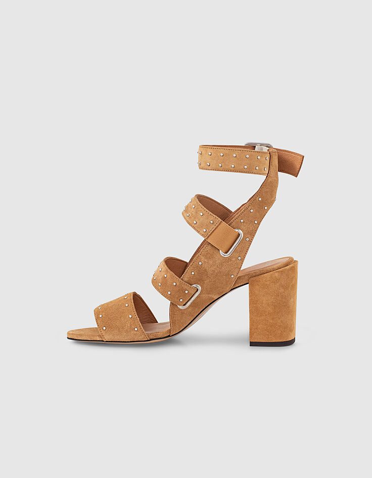 Sandalen met hak camel suèdeleer riempjes en studs dames-2