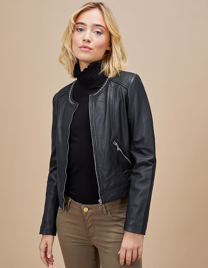 I.Code black leather jacket with chain on collar - I.CODE
